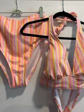 Wild Fable 1X Pastel Striped Ribbed Halter Bikini Set Pink Orange Yellow